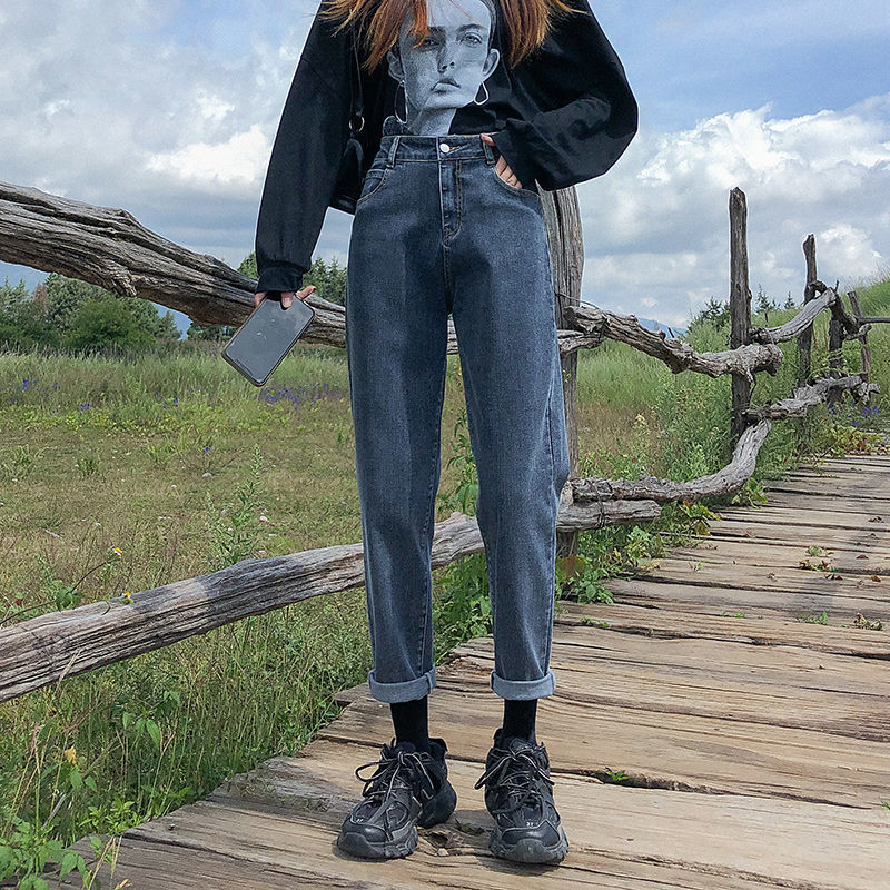 哈倫牛仔褲女時尚直筒高腰老爹寬鬆梨形遮肉百搭九分藍灰蘿蔔褲子