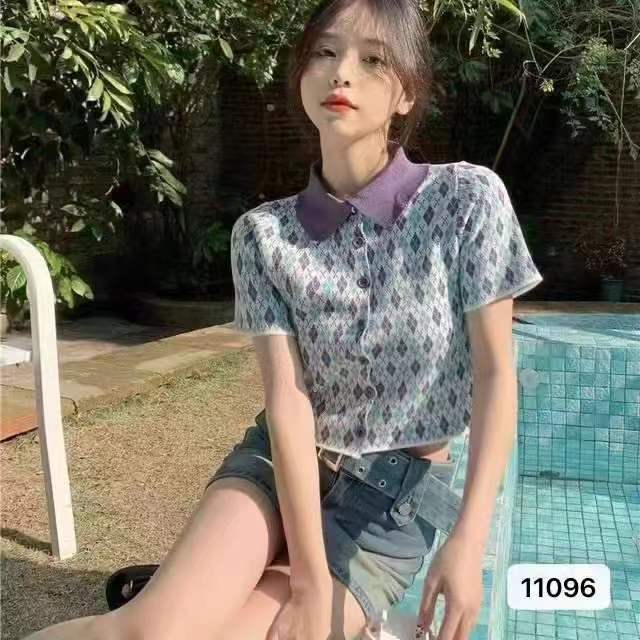 夏季新款法式復古polo領撞色菱格短袖開衫上衣女