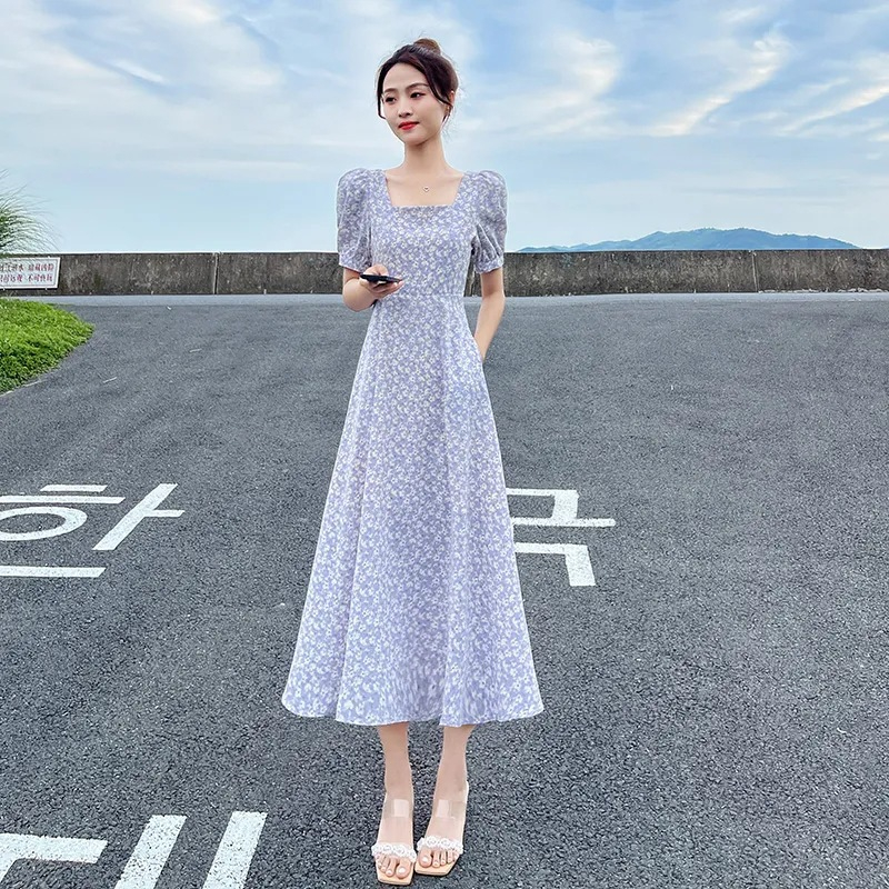 024新款法式溫柔風英倫風顯瘦a字裙子長裙過膝碎花連衣裙女夏