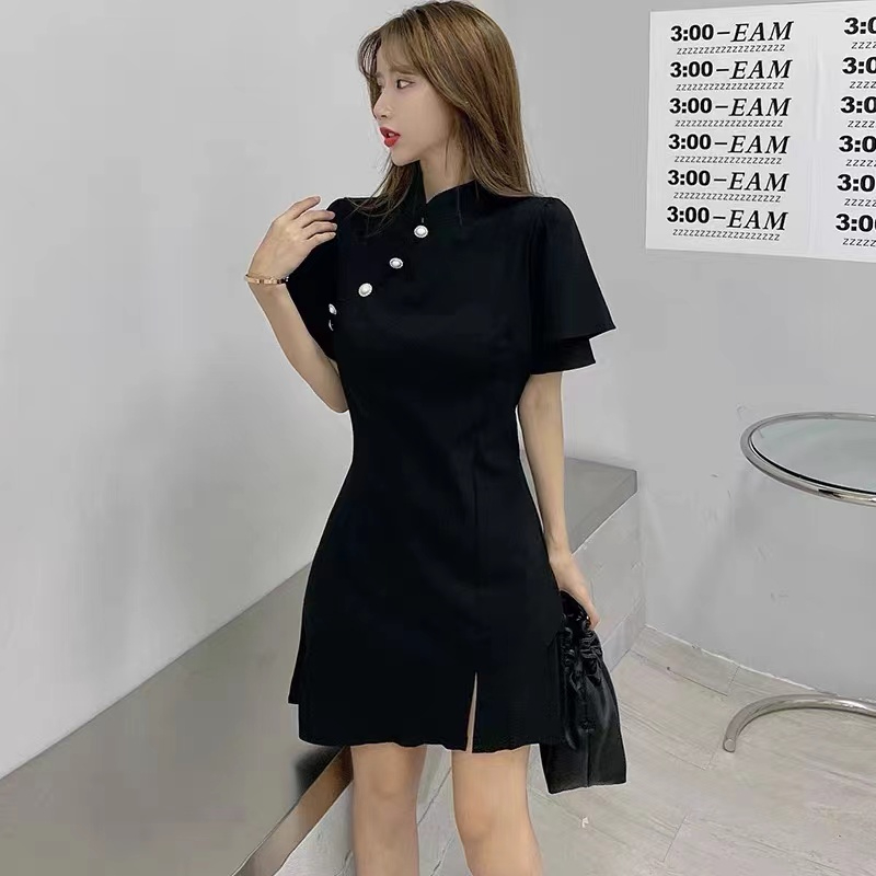 旗袍女夏季法式復古年輕款中國風少女開叉連衣裙