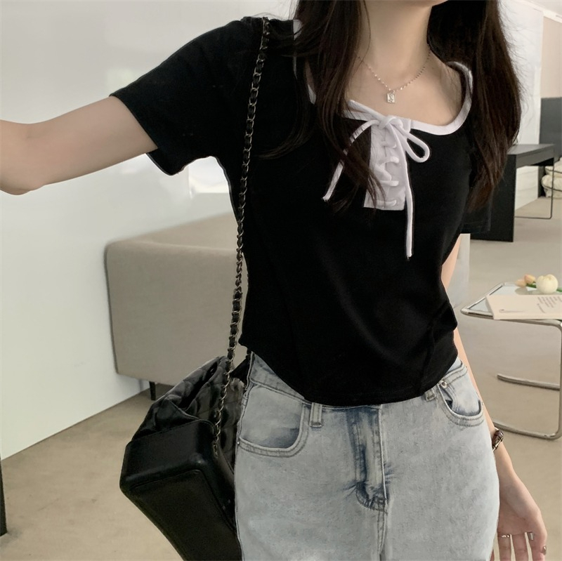 設計感小眾辣妹純欲風夏季新款系帶小個子方領短款T恤女休閒上衣