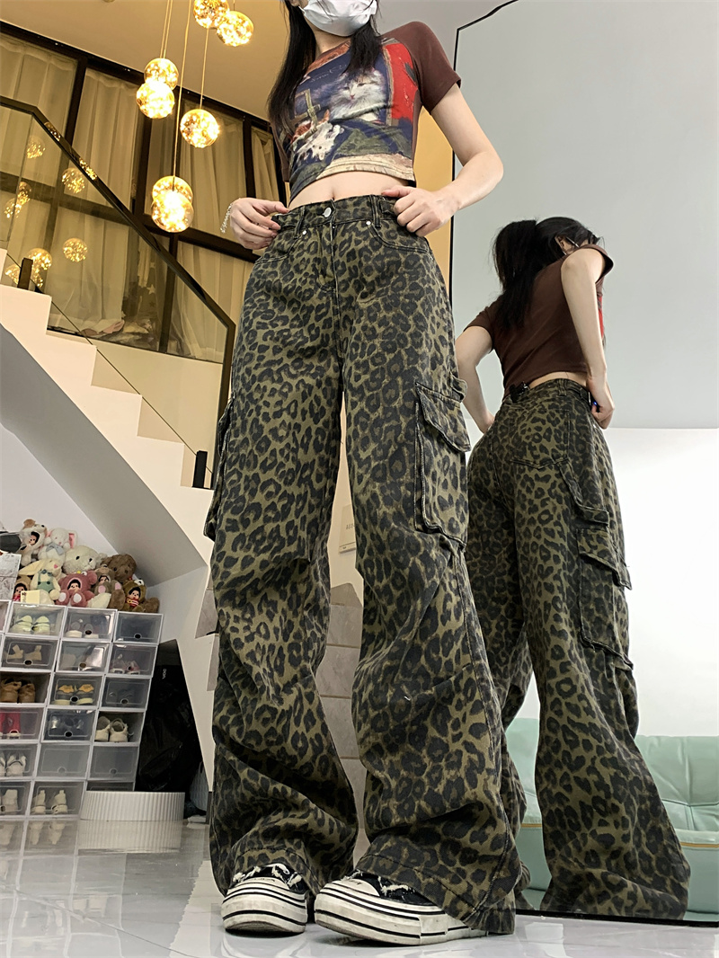 實拍 夏季新款豹紋褲子美式男女工裝褲牛仔褲闊腿直筒寬鬆復古