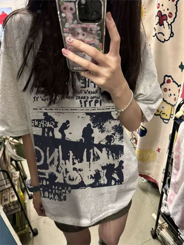 純棉夏季新款港風高級感短袖t恤女寬鬆國潮牌美式半袖體恤衫
