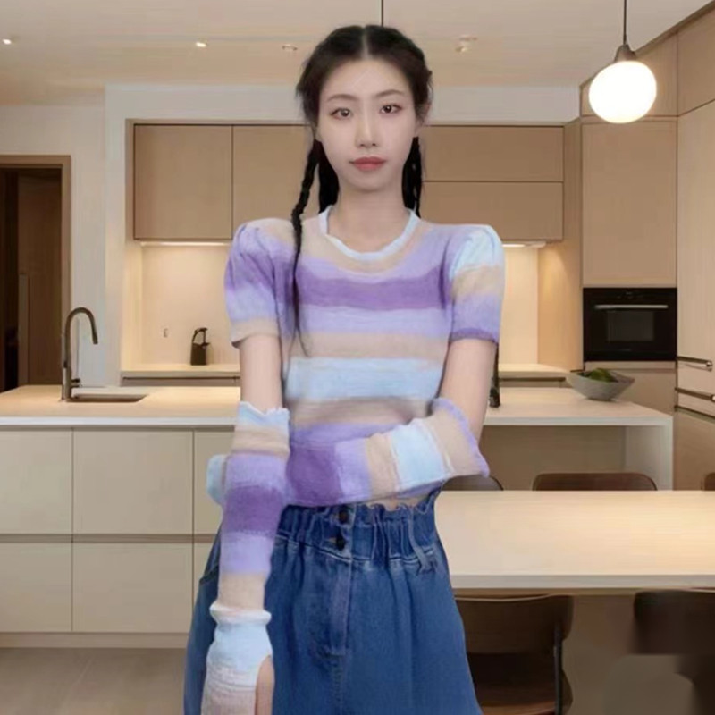 漸變色扎染袖套針織衫春裝女款2024年新款上衣短款小眾設計感短袖