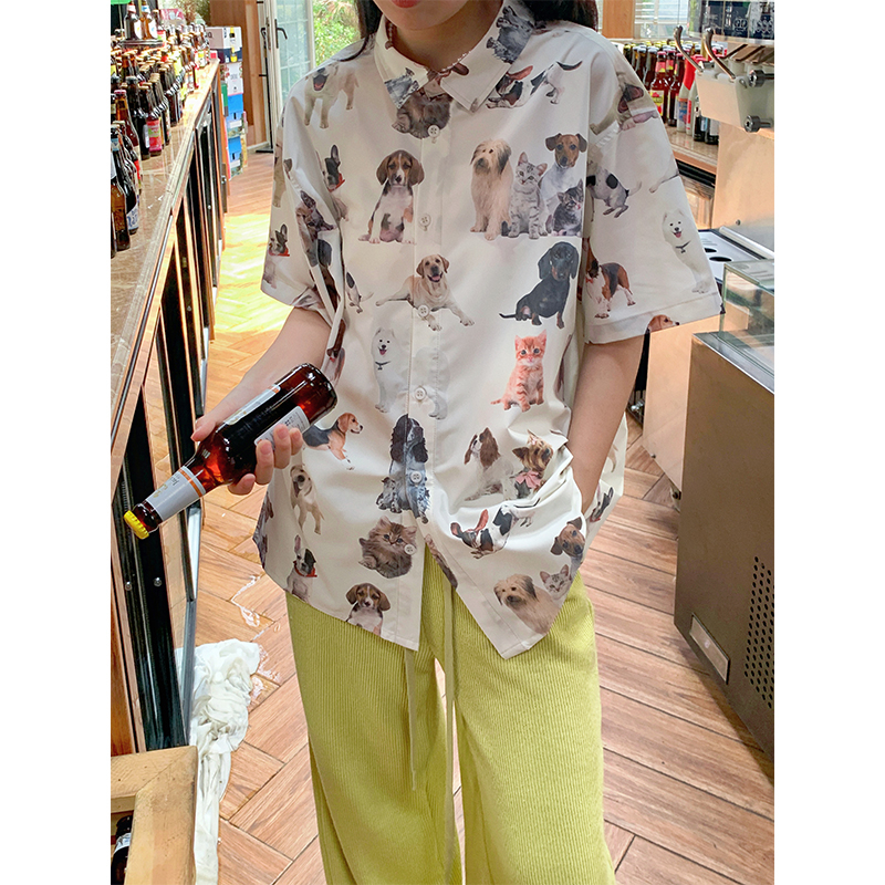 Summer loose and versatile small collar short-sleeved shirt for cats and dogs, literary animals, fun casual floral shirts for women and men, slimming