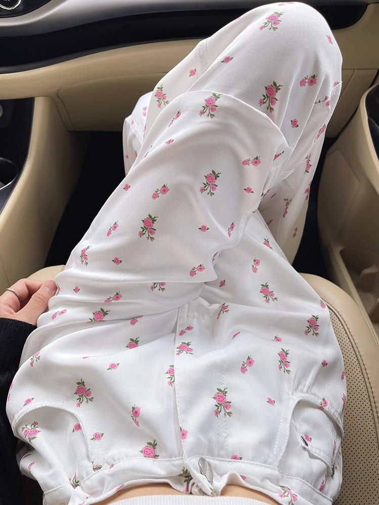 純棉斜紋早秋高腰寬鬆顯瘦百搭長褲碎花圖案抽繩直筒褲子