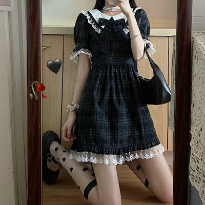 Japanese student skirt, college style waist, sweet puff sleeves, lace retro short plaid dress, summer