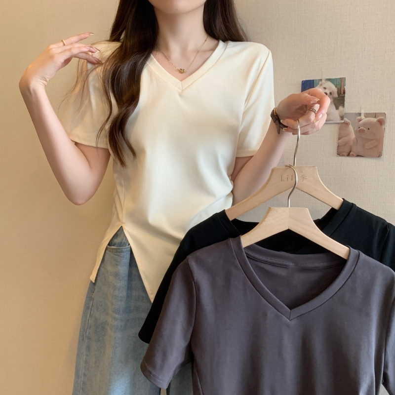 實拍 - 40支純棉 2024夏裝純色開叉短袖T恤女上衣