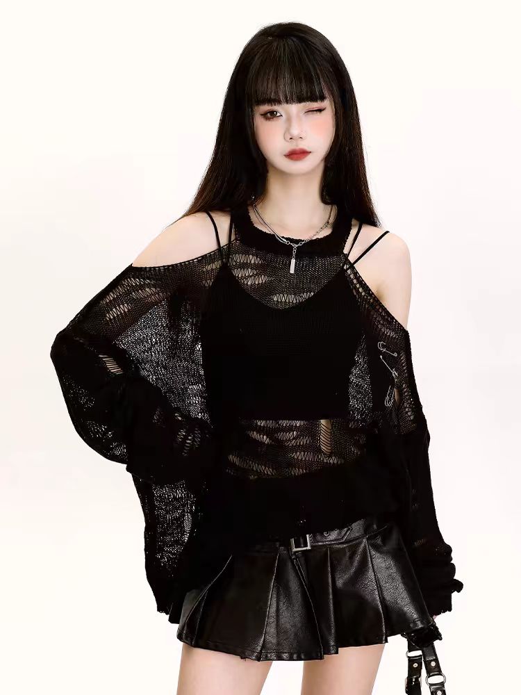 純欲風辣妹鏤空露肩薄款針織衫女2024新款春秋寬鬆疊穿休閒上衣
