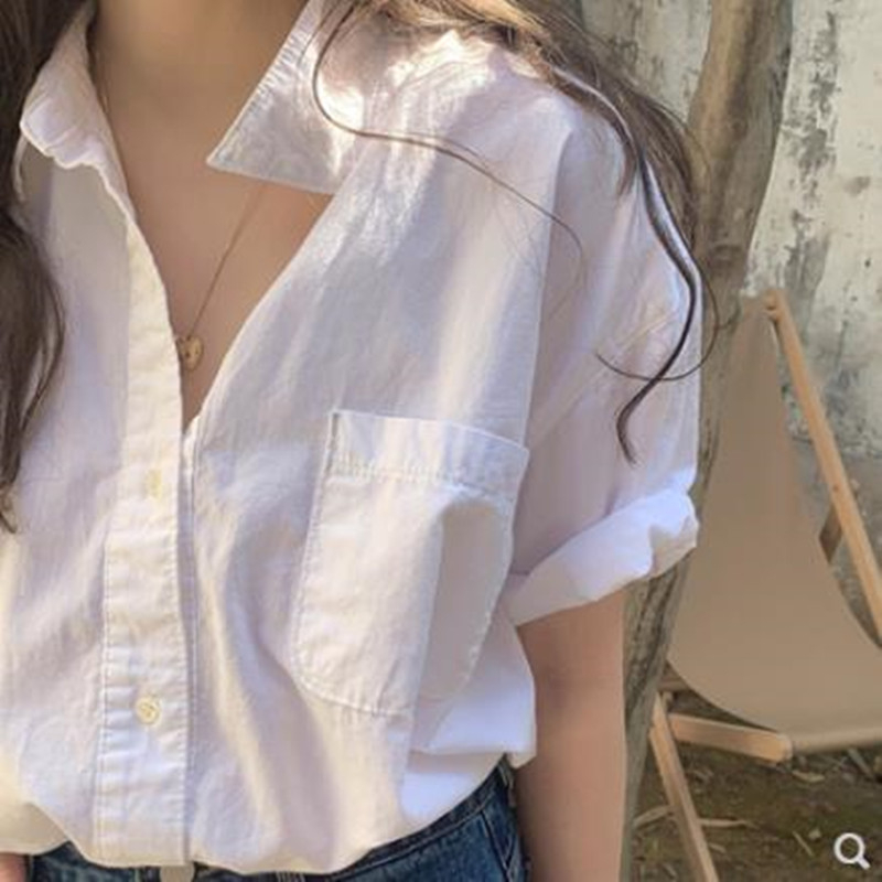 港風氣質白色襯衣女polo衫上衣女夏季別致設計感小眾法式短袖襯衫