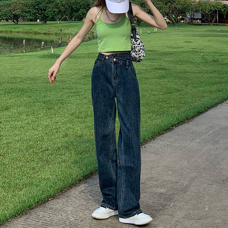 美式直筒牛仔褲女秋冬新款寬鬆設計感顯瘦交叉高腰垂感闊腿褲