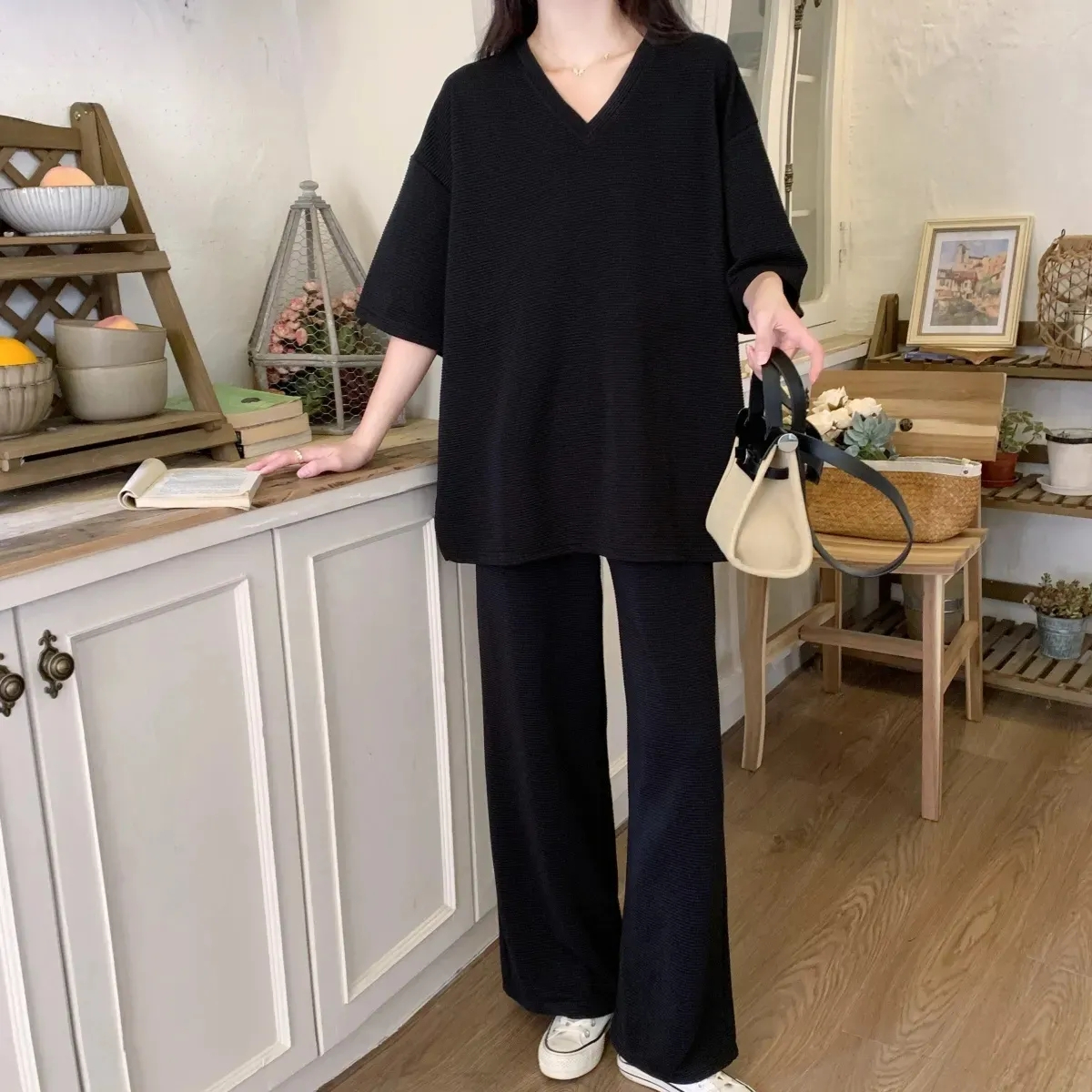 歐貨時尚V領運動服套裝女夏季胖mm300斤大碼薄款寬鬆闊腿褲兩件套