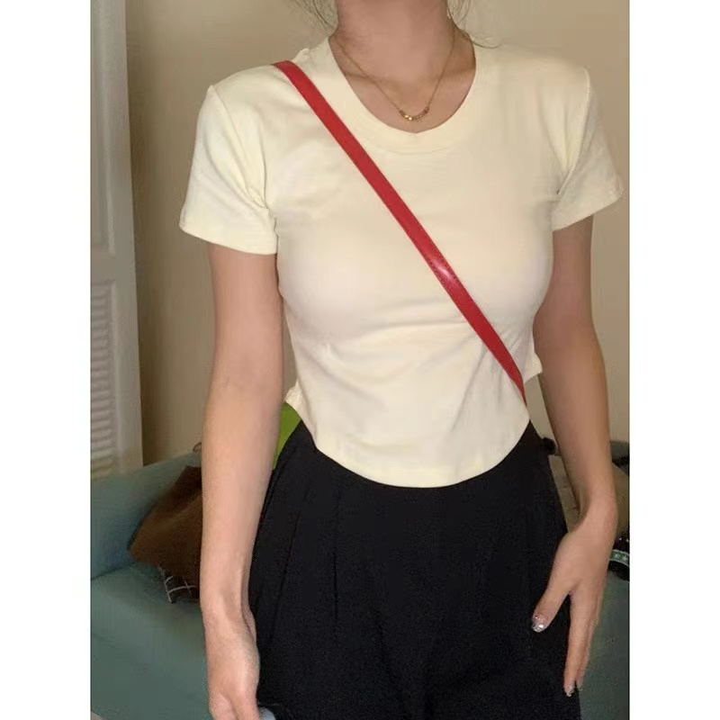 純欲不規則正肩短款短袖t恤女2024夏季新款修身緊身顯瘦純棉上衣