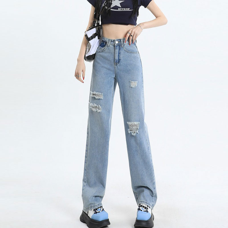 撞色直筒褲百搭牛仔褲女乞丐破洞高腰寬鬆梨形身材拖地闊腿長褲子
