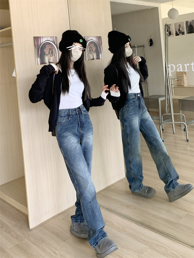 實拍2024春夏顯瘦遮胯直筒褲牛仔褲 拖地褲長褲女