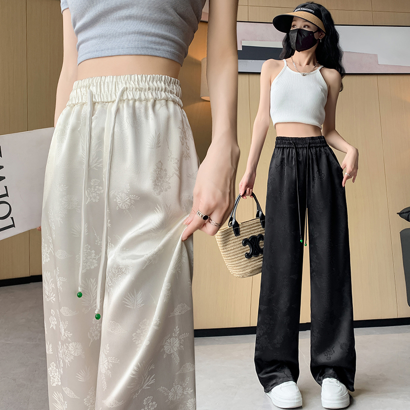 實拍新中式緞面提花闊腿褲女2024春夏國風高腰垂感直筒休閒拖地褲