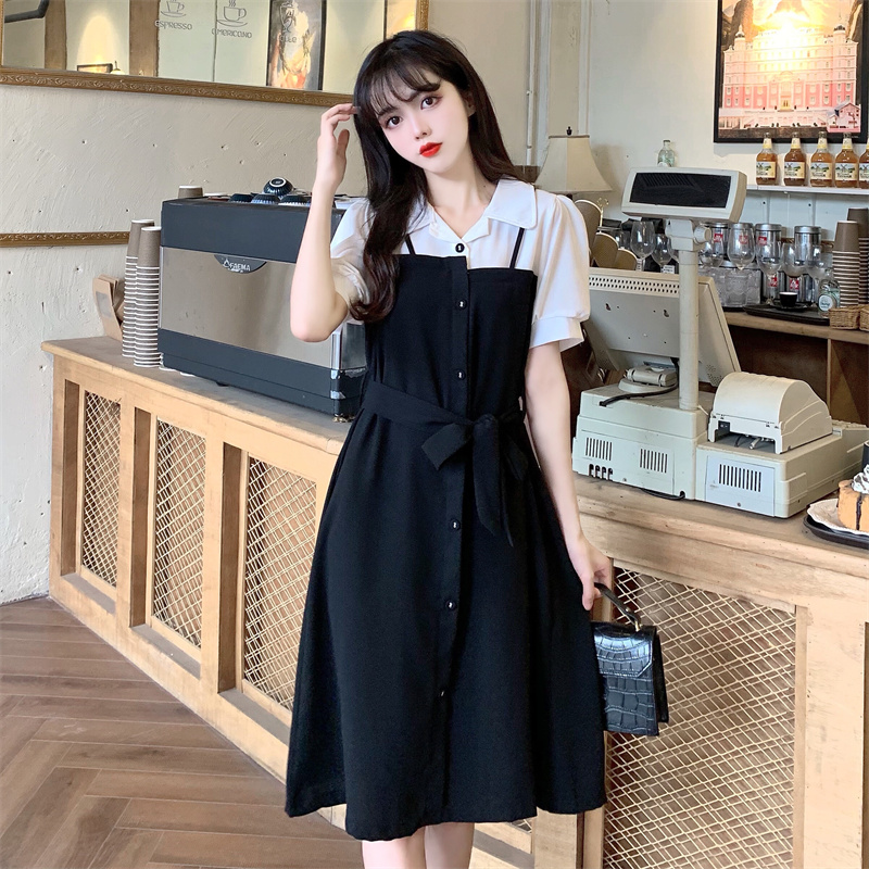 黑白拼接假兩件連衣裙設計感韓版系帶收腰襯衫裙子女