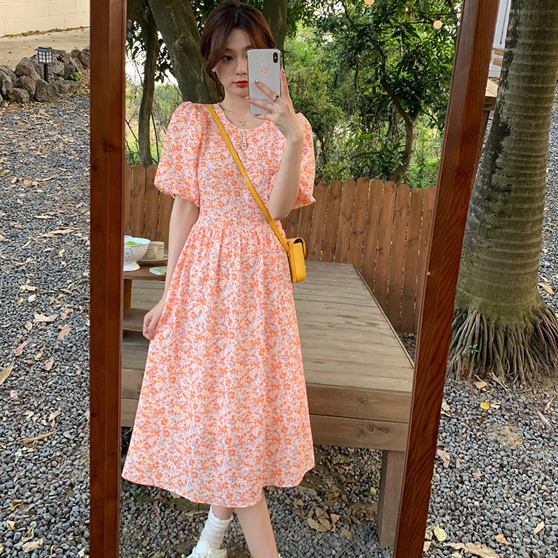 實拍 夏季新款釘珠領橘色碎花連衣裙淑女泡泡袖短袖裙子