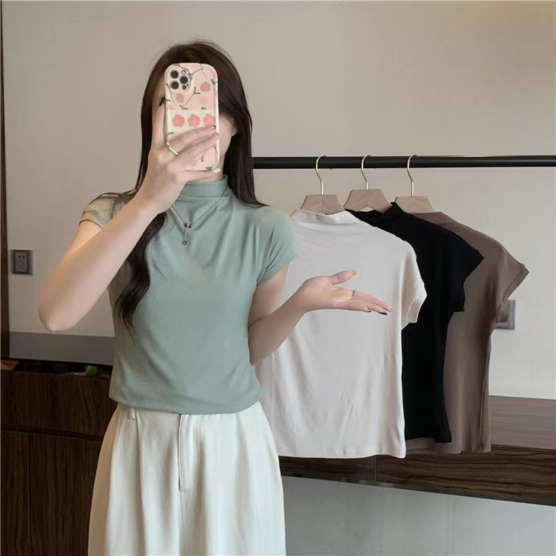 實拍純棉羅紋半高領短袖T恤女