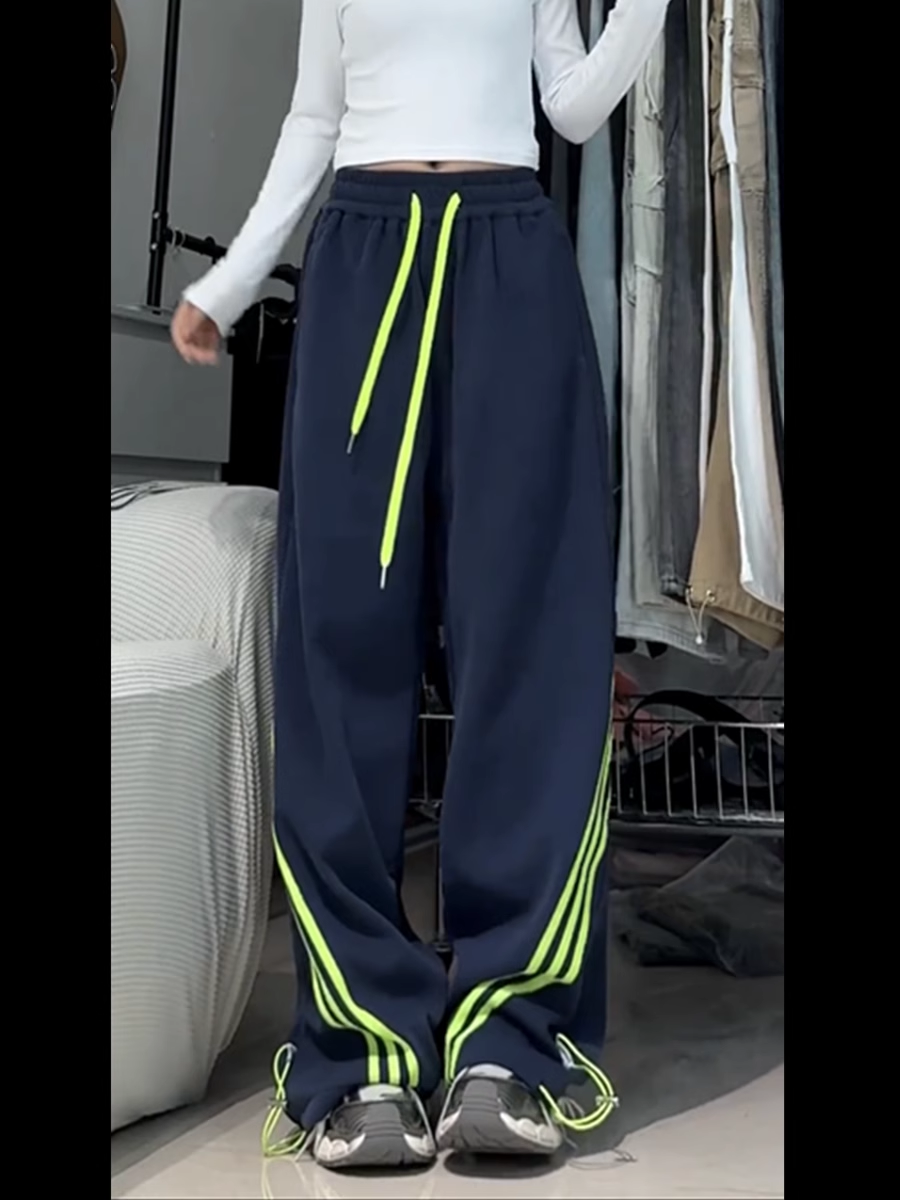 三條槓條紋衛褲女春秋季2024新款小個子闊腿直筒褲休閒寬鬆運動褲