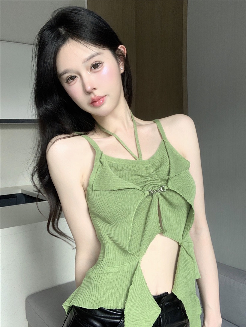 250克螺紋 辣妹掛脖小背心吊帶女綠色打底衫性感露肩無袖外穿上衣