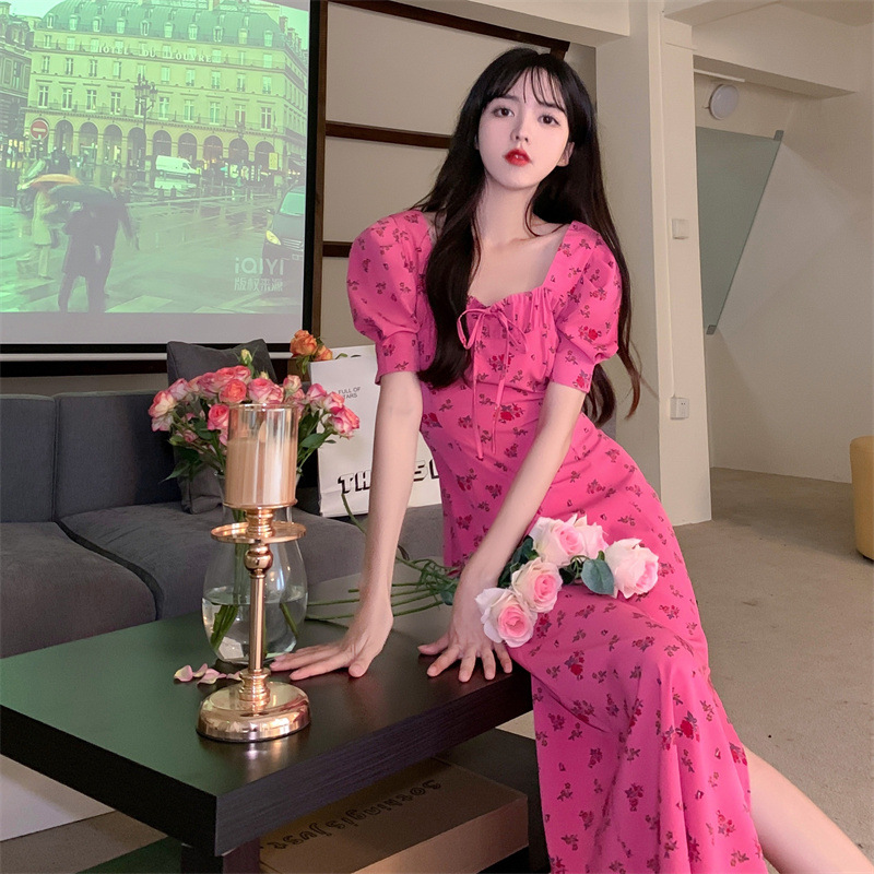 泡泡袖碎花裙女收腰英倫風法式顯瘦街拍復古溫柔開叉甜辣炸街連衣