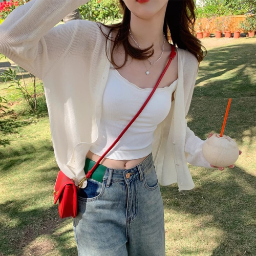 Sun protection cardigan thin women's ice silk knitted jacket summer suspender outer blouse 2024 top white air-conditioning shirt