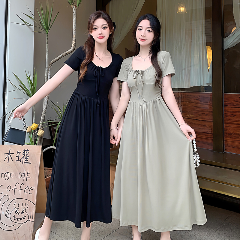 實拍2024夏裝新款胖mm時尚百褶收腰蝴蝶結顯瘦閨蜜裝短袖連衣裙
