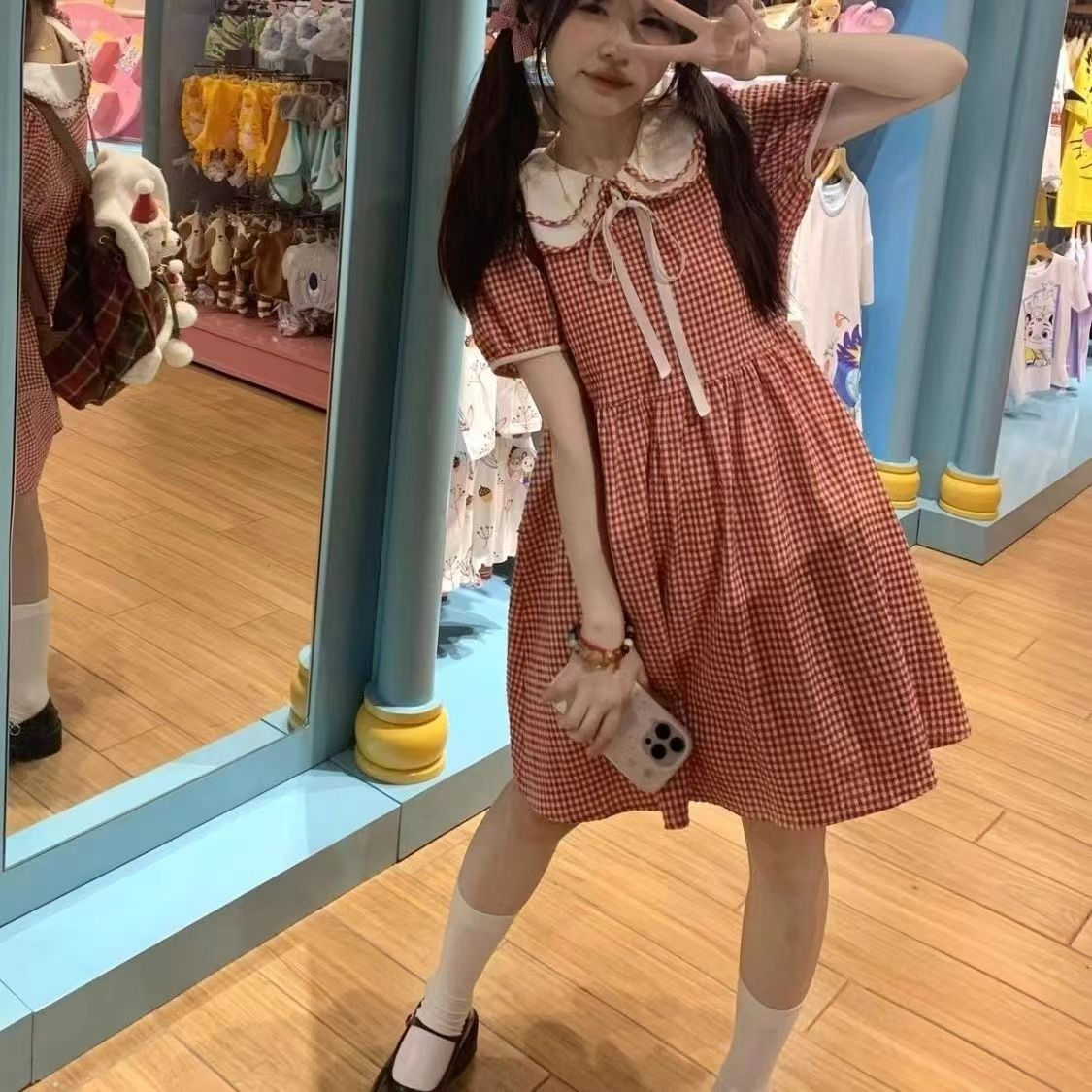 撞色格紋可愛連衣裙娃娃領小個子百搭短裙短裙子