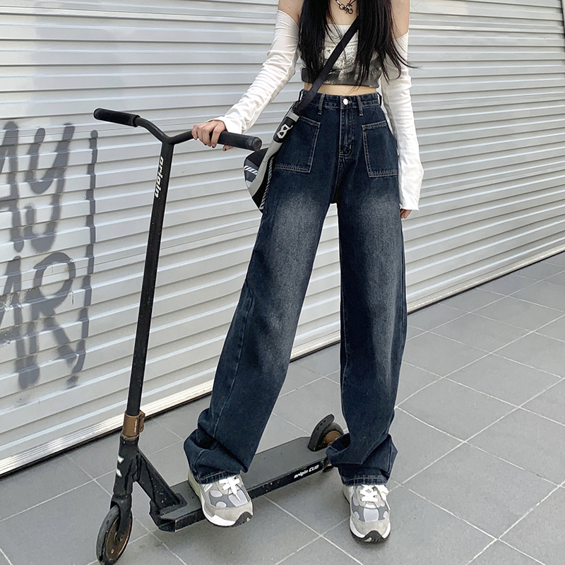 復古百搭高腰直筒牛仔褲女2024新款寬鬆顯瘦闊腿褲拖地長褲子ins