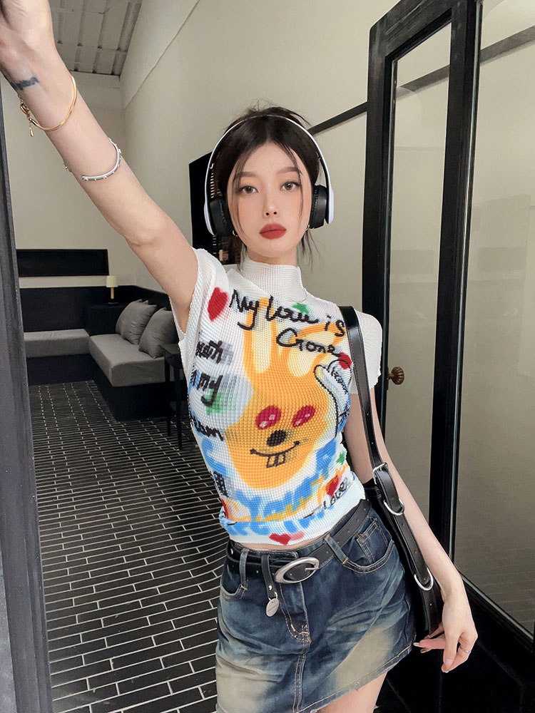 實拍2024夏季新款白色辣弟辣妹壓褶印花超彈力菠蘿衫短袖T恤