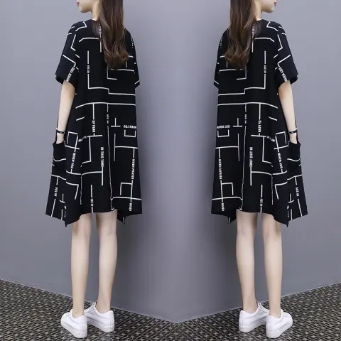 歐洲站連衣裙女夏新款韓版時尚印花大碼中長款寬鬆顯瘦a字裙