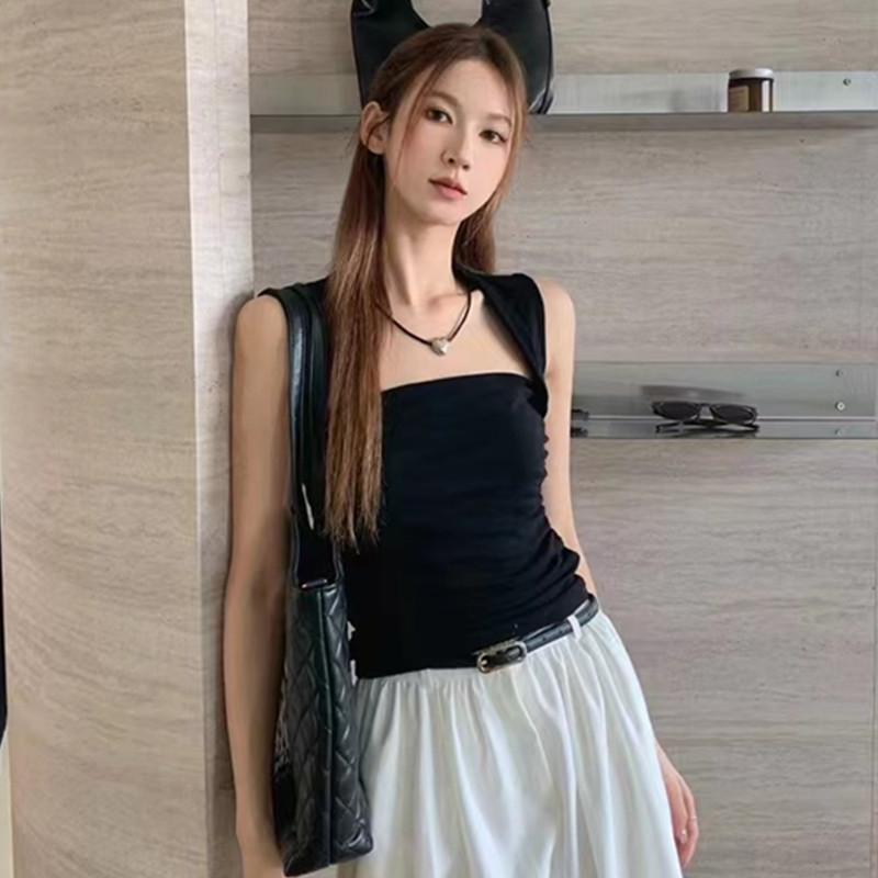 非實拍 韓版洋氣修身顯瘦褶皺設計感吊帶背心內搭女方領上衣