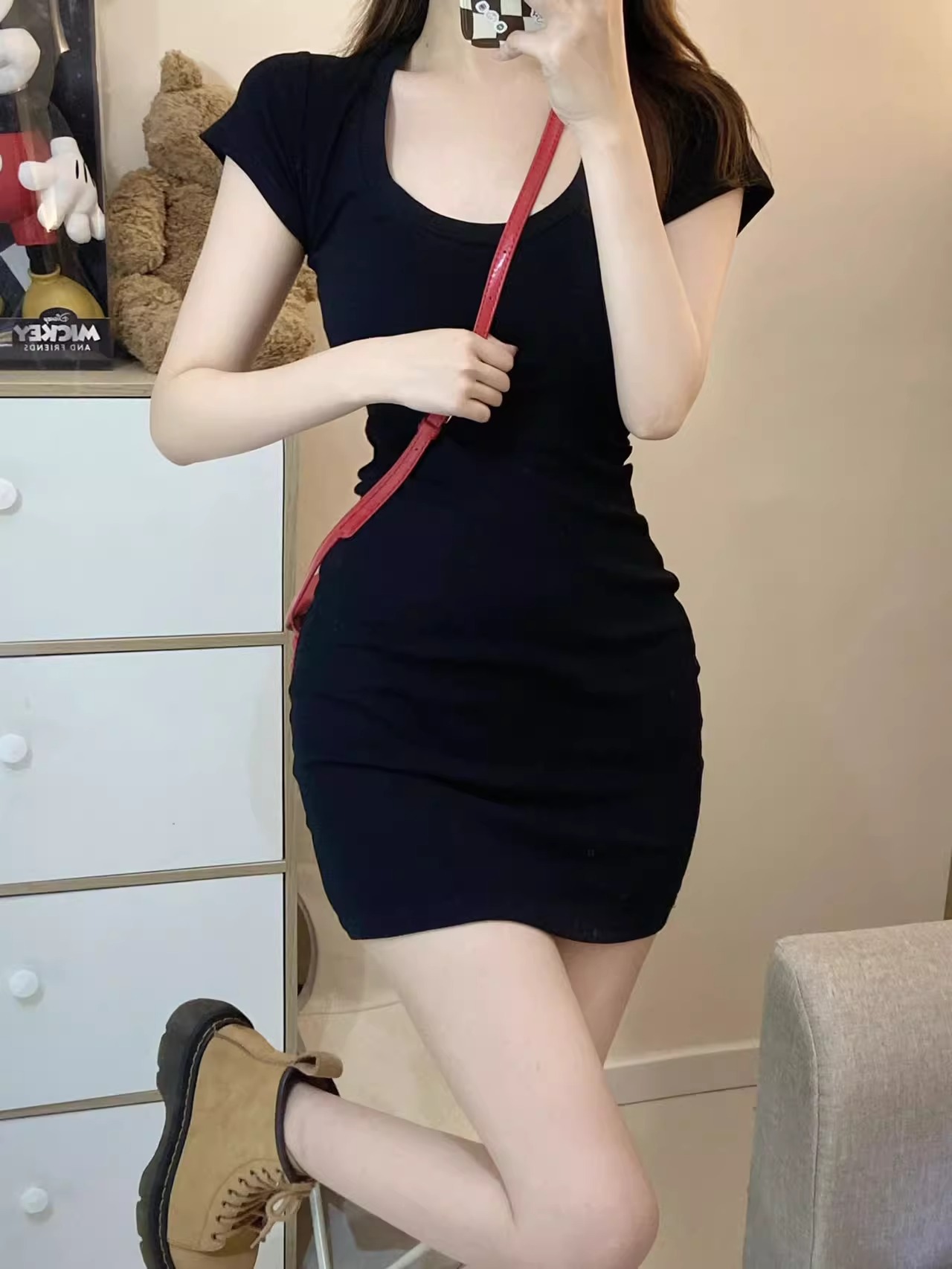 92棉/8氨綸40支210g純棉黑色辣妹連衣裙女收腰