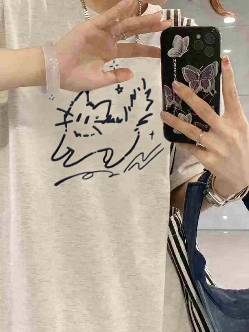 卡通驚嚇貓咪印花圓領短袖T恤
