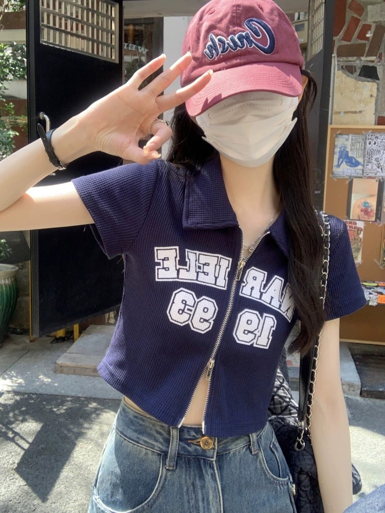 設計感美式短款字母印花雙拉鏈polo領正肩開衫甜酷短袖T恤女小衫