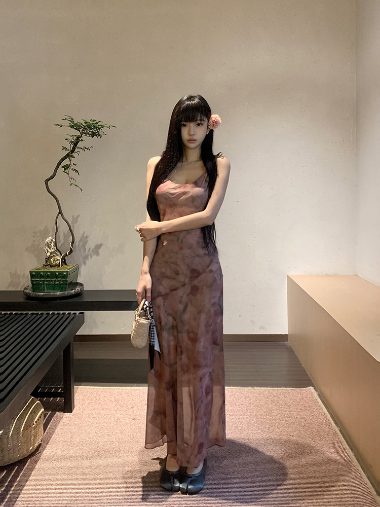 實拍乾枯玫瑰色系莫奈花園連衣裙修身顯瘦花色裙子 長款/短款
