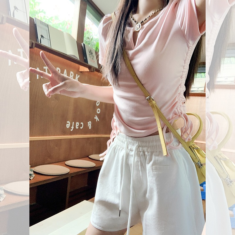 Drawstring short crop top design niche women's summer slim slimming women's short-sleeved T-shirt