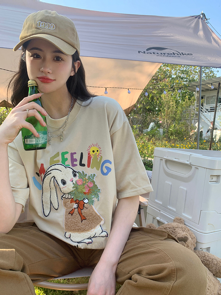 純棉後包條200克精梳緊密 新款短袖t恤女印花+毛巾繡天貓質量