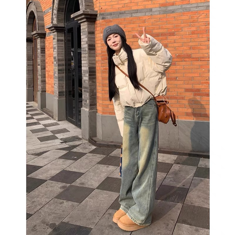 美式復古做舊直筒牛仔褲女2024春秋新款寬鬆顯瘦窄版闊腿拖地褲子