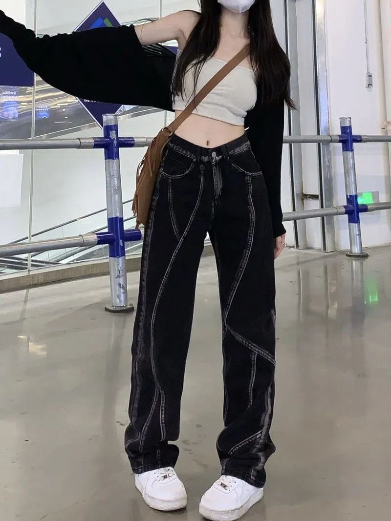 2024新款黑色高腰美式高街窄版直筒牛仔褲女顯瘦個性潮流百搭褲子