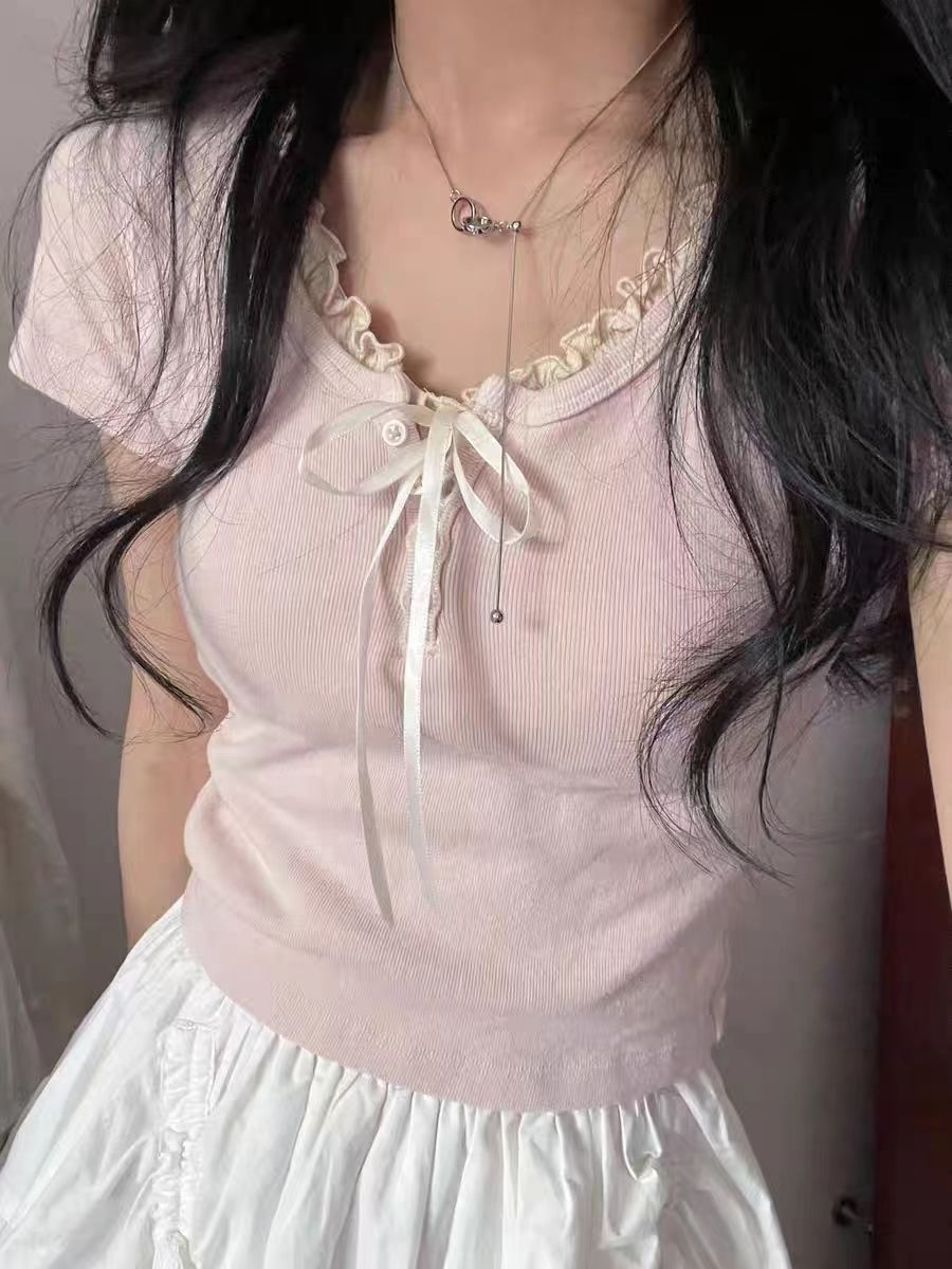設計感夏季新款假兩件 短袖T恤女韓版甜美蝴蝶結蕾絲邊修身上衣潮