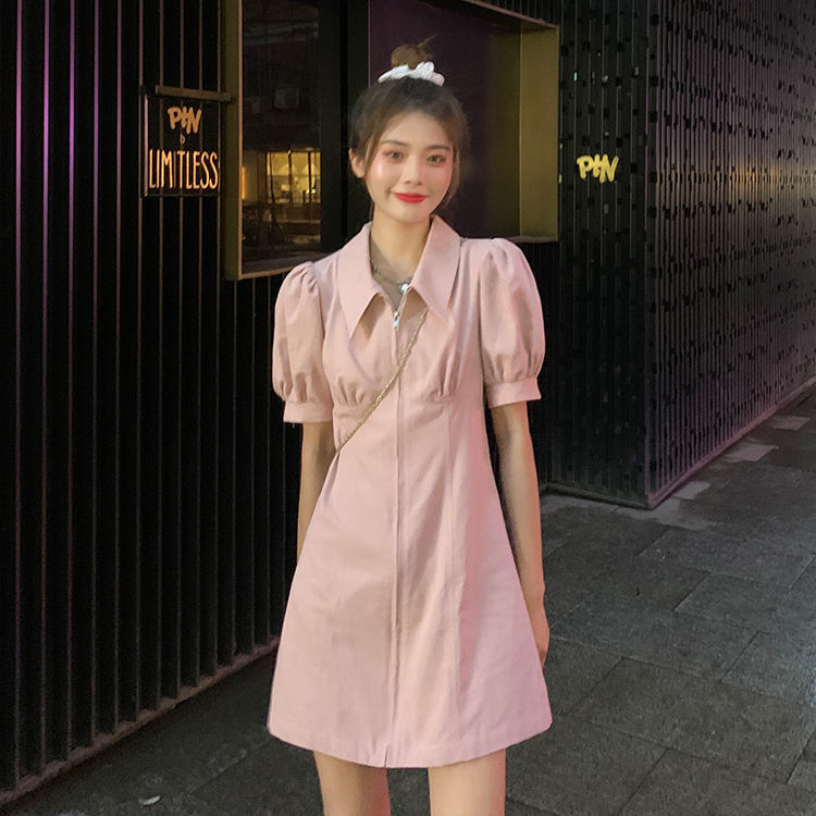 早春裝2024年新款粉色連衣裙女夏季氣質泡泡袖小個子polo裙子女裝