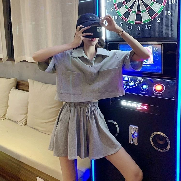 夏季韓版新款設計感寬鬆短百搭款女POLO領工裝風短袖T恤+闊腿裙褲