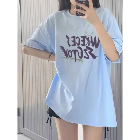 200克100%棉高緊密賽洛紡夏季大碼女裝2024新款藍色純棉T恤