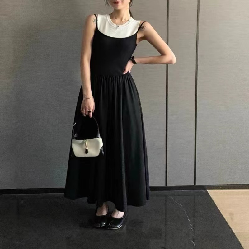 2024春法式復古拼接圓領收腰顯瘦假兩件無袖長款連衣裙女