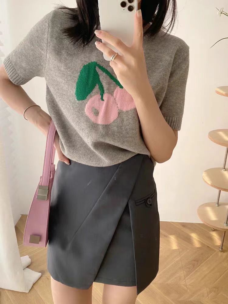 韓系甜美可愛櫻桃短袖針織衫女夏洋氣減齡休閒百搭小個子圓領上衣