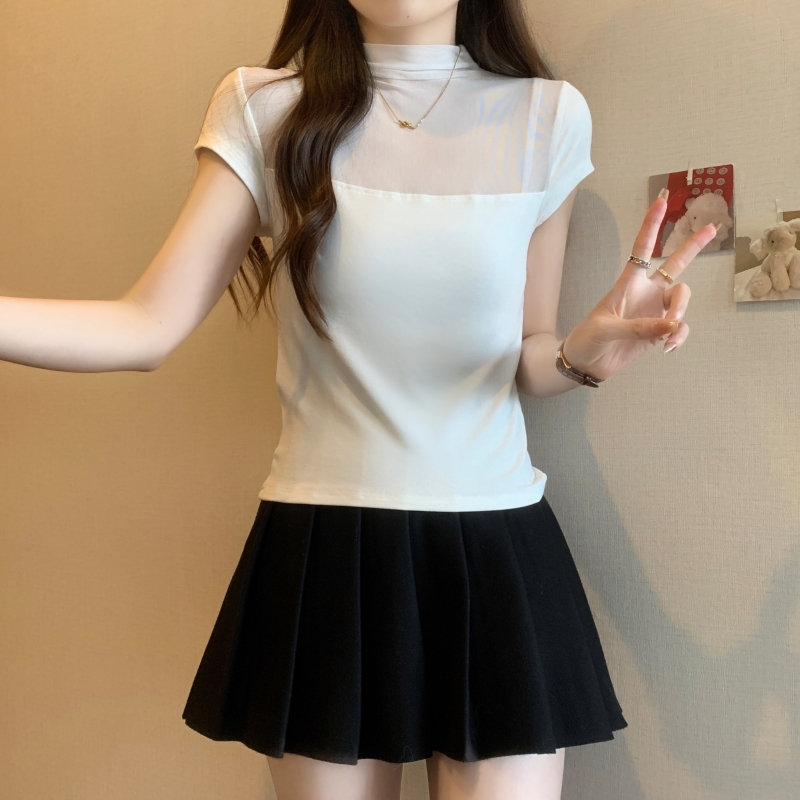 實拍   2024夏裝辣妹風短袖T恤女修身網紗拼接