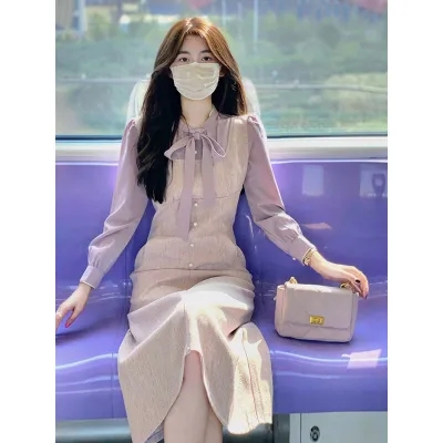 2024早春季新款氣質女裝高級感法式小香風假兩件紫色長袖連衣裙子