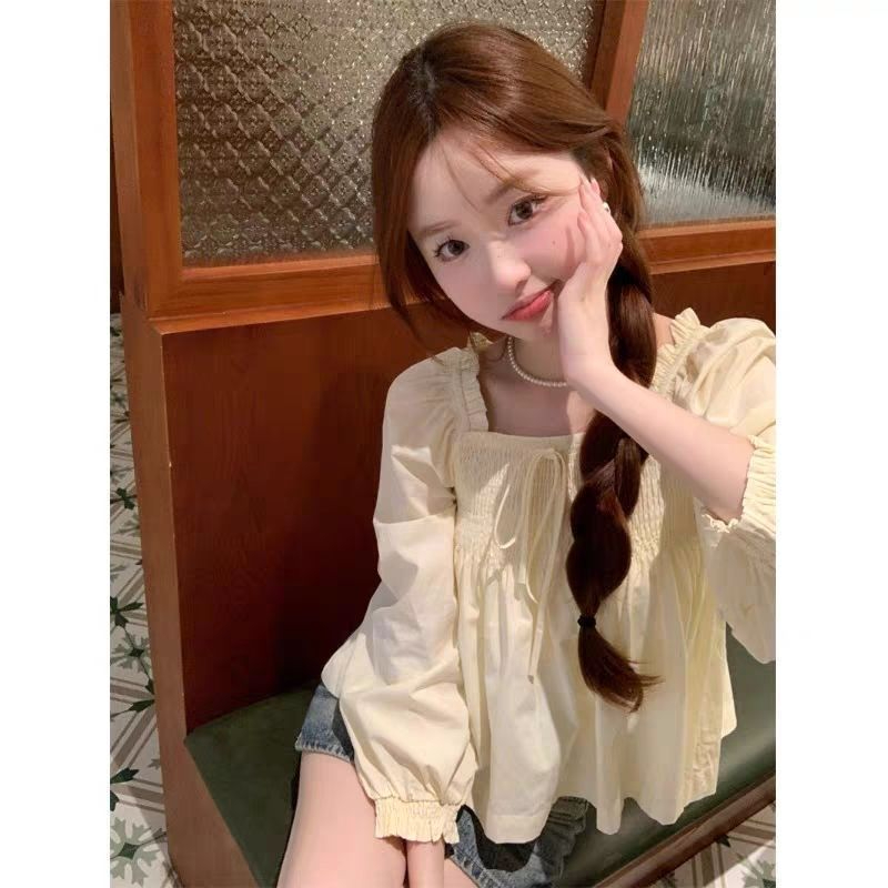 木耳邊方領系帶褶皺襯衫女春裝法式甜美娃娃衫寬鬆短款泡泡袖上衣